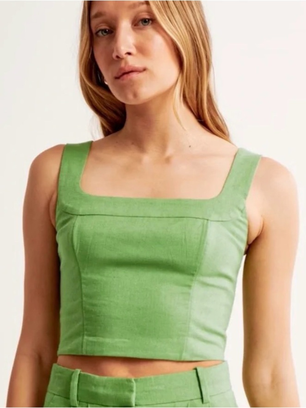 Abercrombie & Fitch Linen Square Neck Crop Top Sage Green Cottagecore Small - Picture 2 of 6